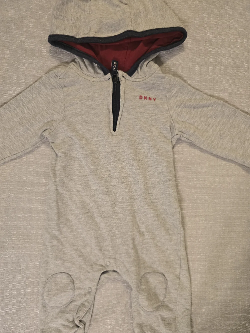 DKNY Baby Hooded Quarter Zip Romper Gray Red 6-9M Cotton One Piece
